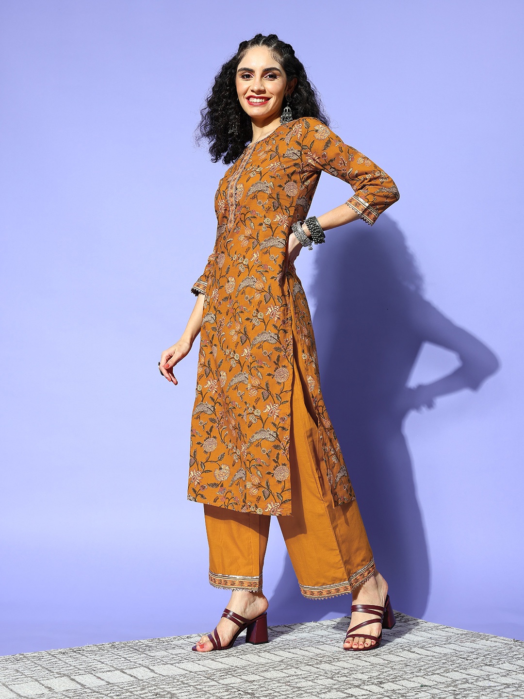 

Indo Era Women Mustard Pure Cotton Print Parade Kurta Set