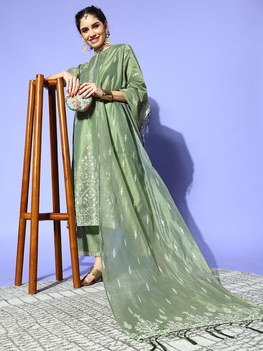 

Indo Era Women Green Chanderi Silk Pakistani Suit Kurta Set