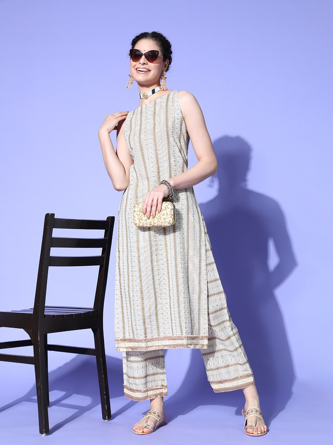 

Indo Era Women Striped Wool Blend Print Parade Kurta Set, Off white