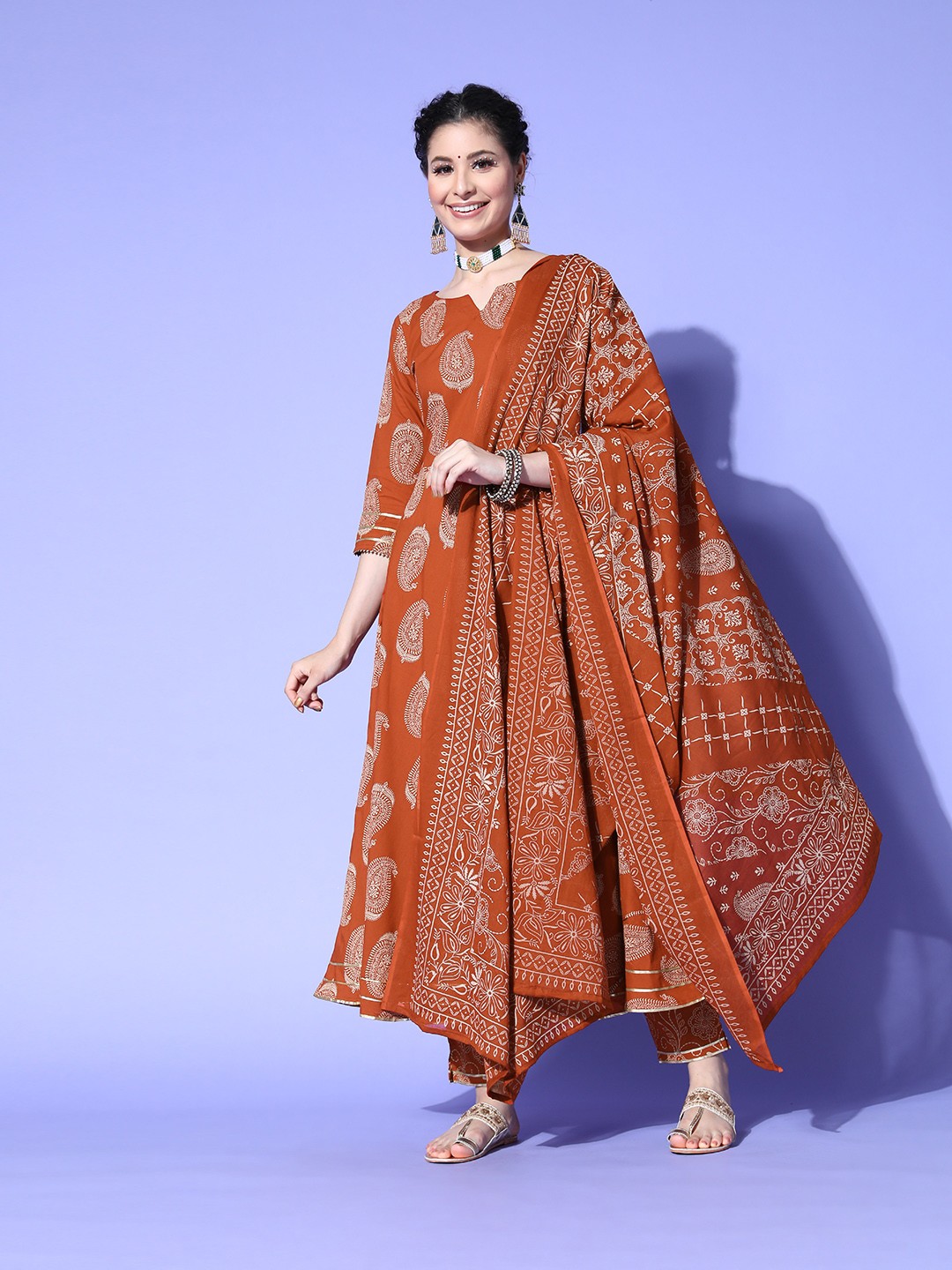 

Indo Era Women Paisley Cotton Blend Print Parade Kurta Set, Rust