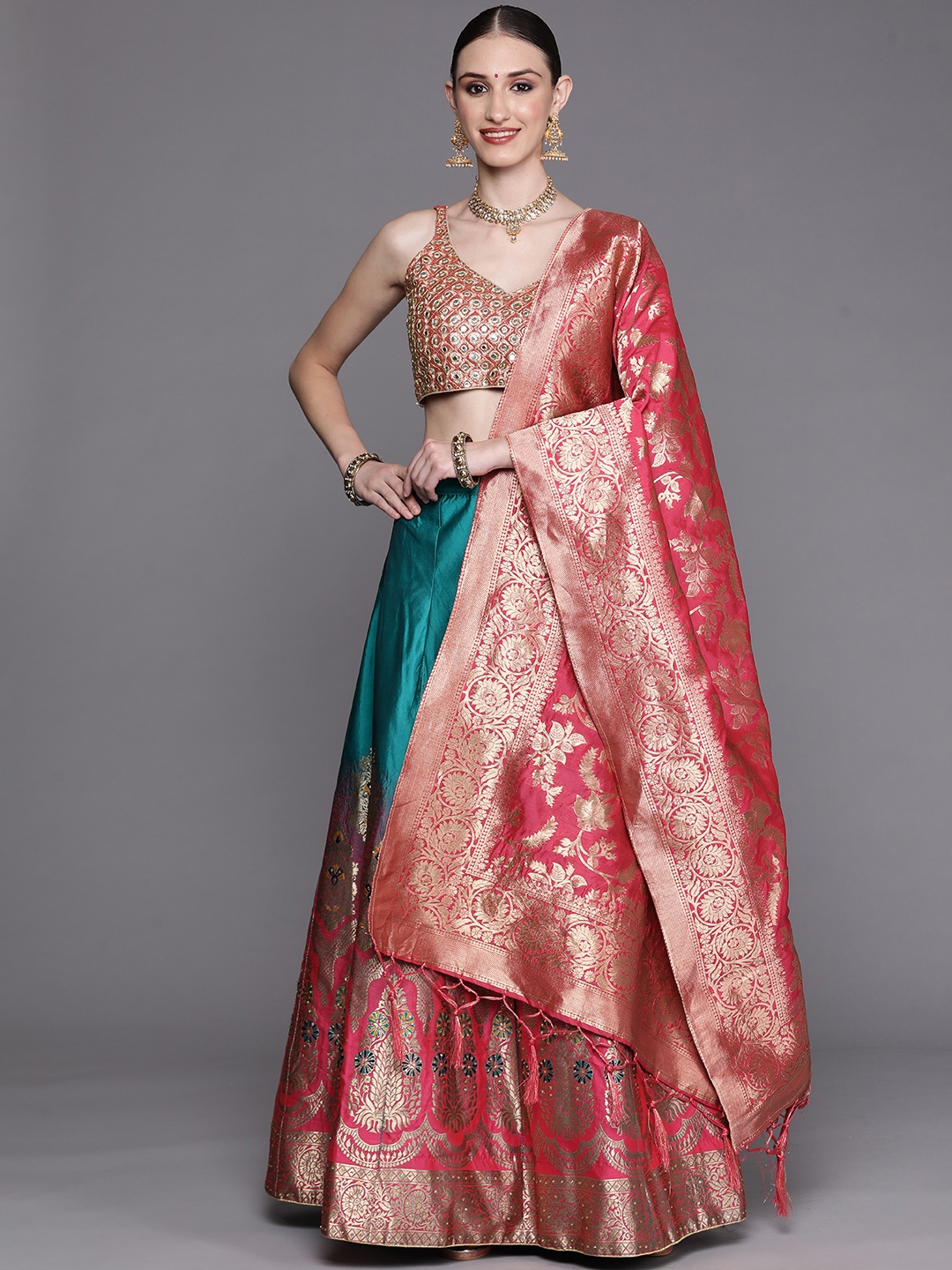 

Chhabra 555 Fuchsia & Green Mirror Work Semi-Stitched Lehenga & Unstitched Blouse With Dupatta