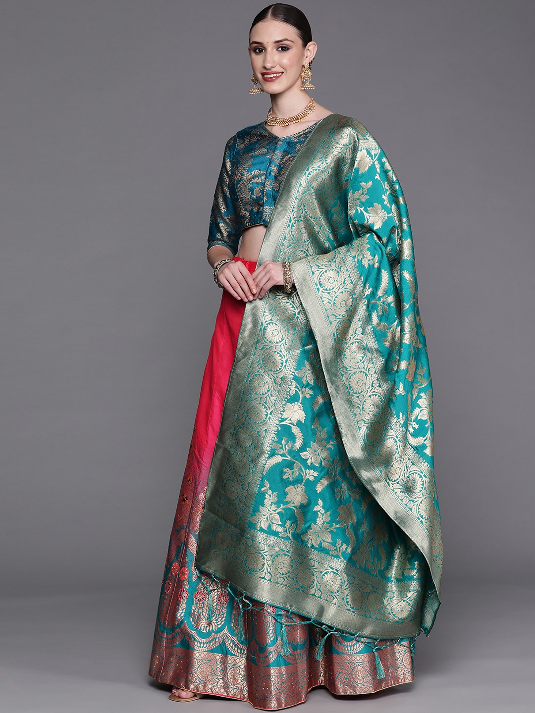 

Chhabra 555 Turquoise Blue & Pink Beads and Stones Semi-Stitched Lehenga & Unstitched Blouse With Dupatta
