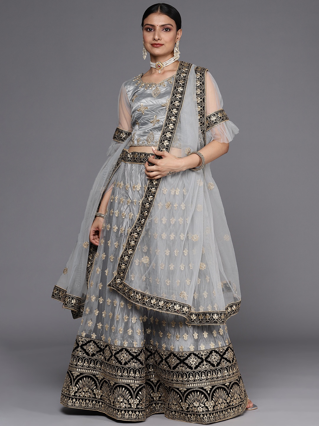 

Chhabra 555 Grey & Black Semi-Stitched Lehenga & Unstitched Blouse With Dupatta