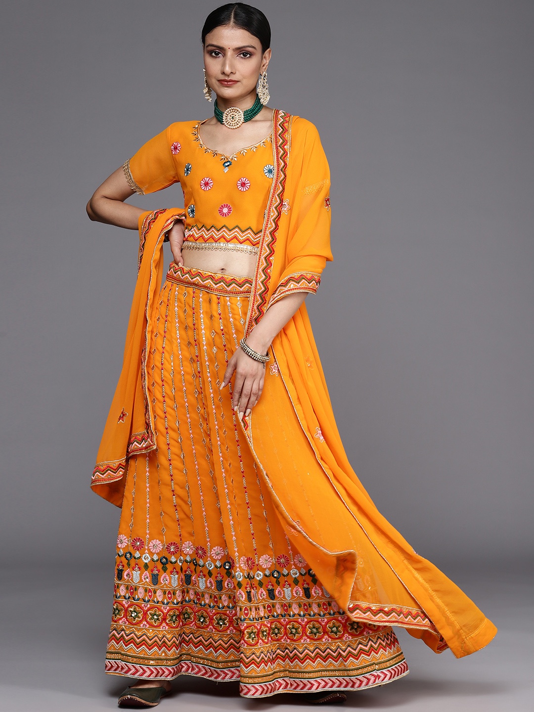 

Chhabra 555 Mustard Yellow Semi-Stitched Lehenga & Unstitched Blouse With Dupatta