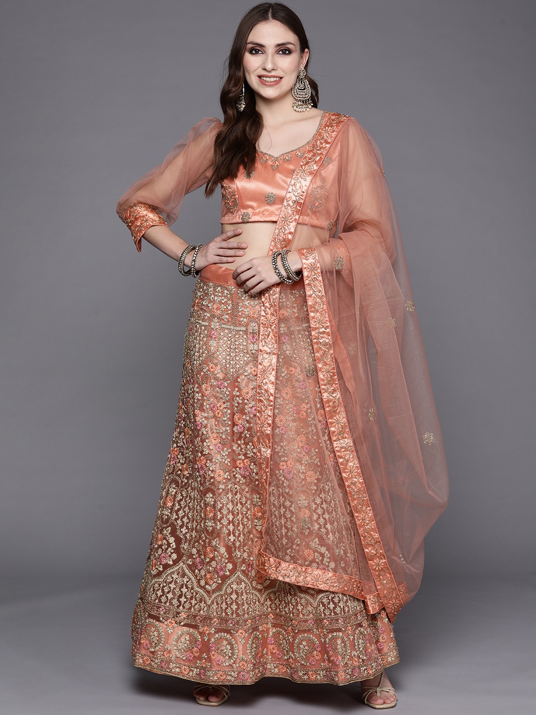 

Chhabra 555 Peach-Coloured Embroidered Thread Work Semi-Stitched Lehenga & Unstitched Blouse With Dupatta