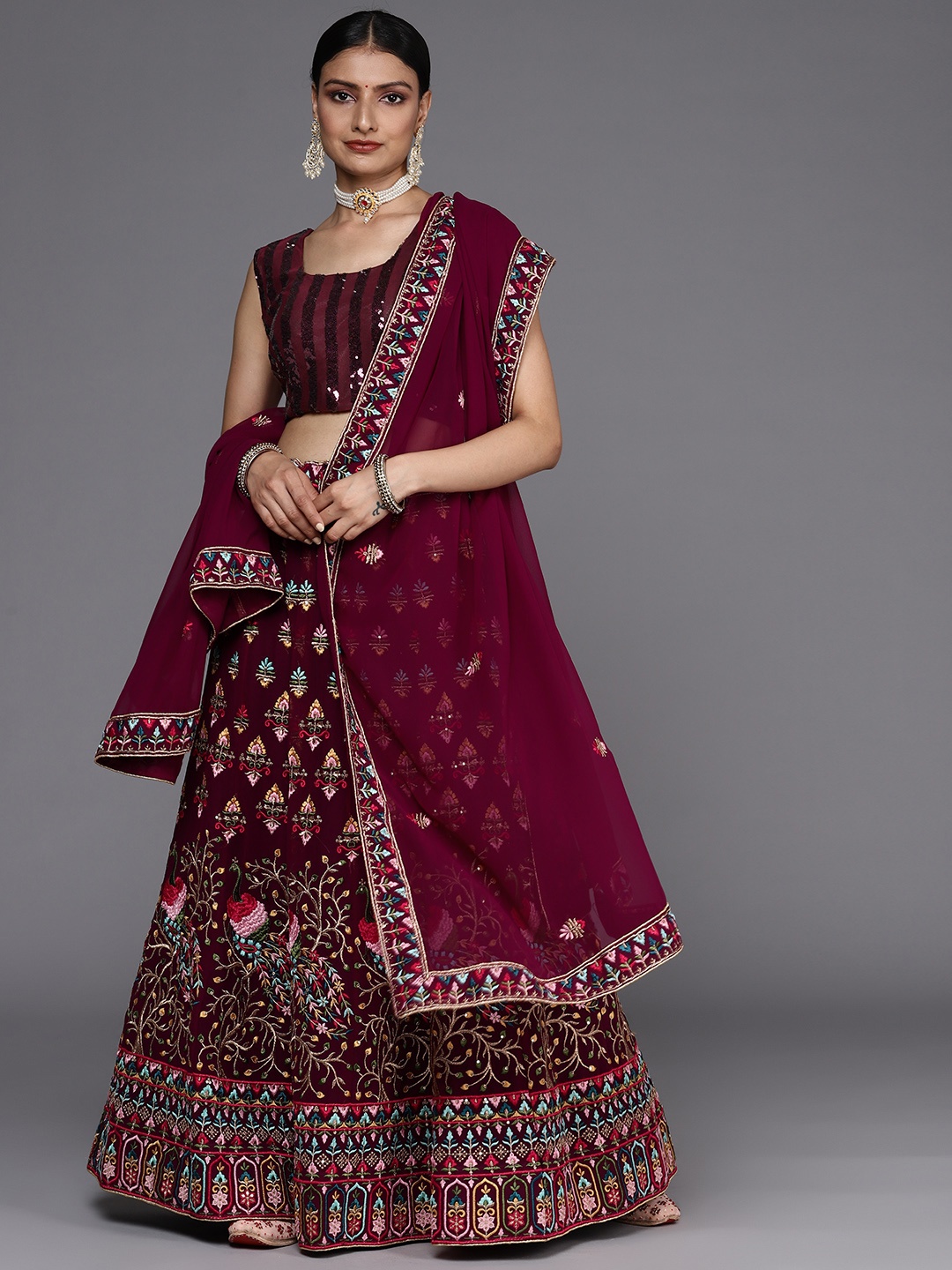 

Chhabra 555 Burgundy Embroidered Semi-Stitched Lehenga & Unstitched Blouse With Dupatta