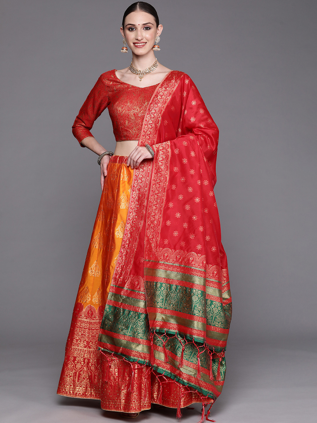 

Chhabra 555 Mustard & Red Beads and Stones Semi-Stitched Lehenga & Unstitched Blouse With Dupatta