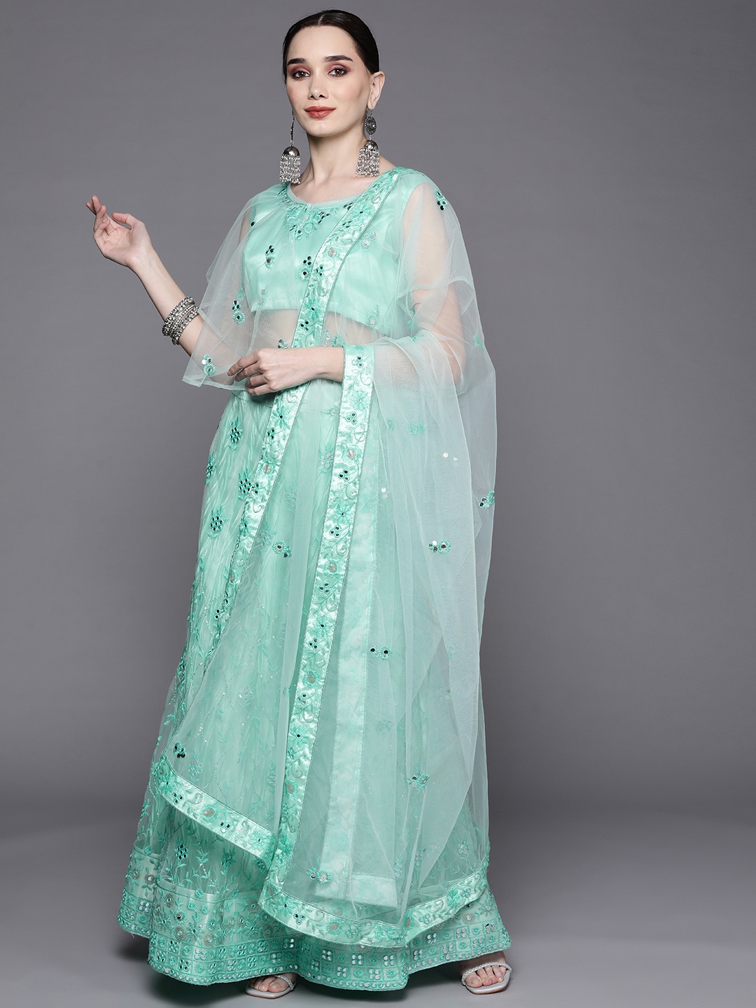 

Chhabra 555 Turquoise Blue Embroidered Mirror Work Semi-Stitched Lehenga & Unstitched Blouse With Dupatta