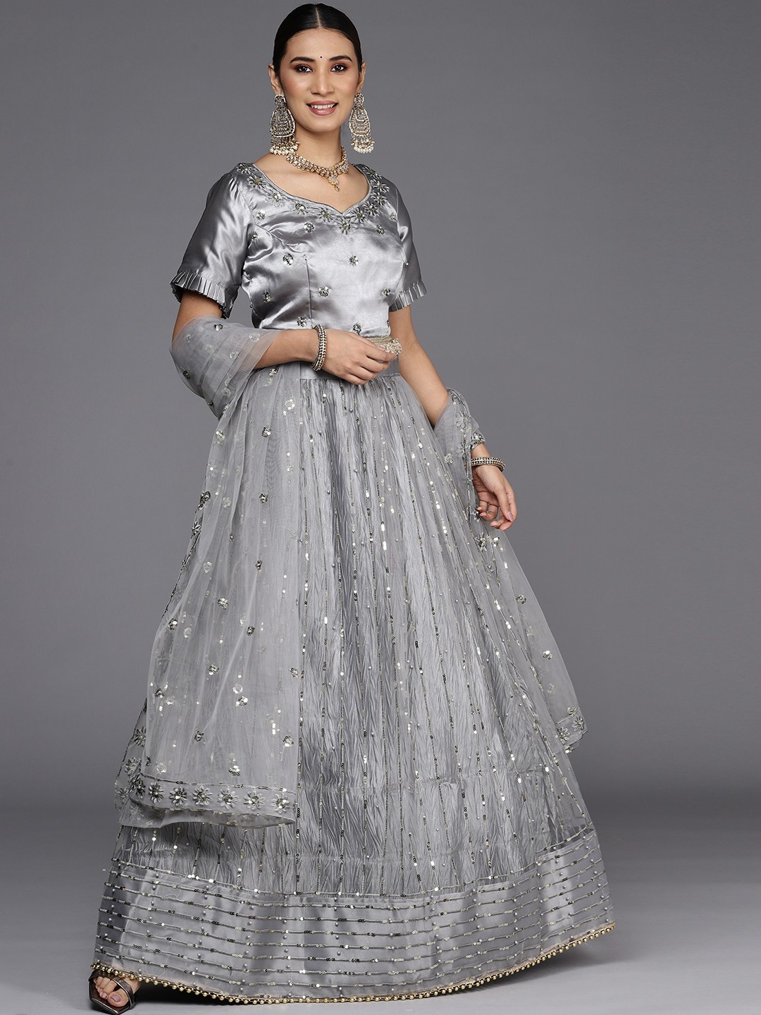 

Chhabra 555 Grey Embellished Semi-Stitched Lehenga & Unstitched Blouse With Dupatta