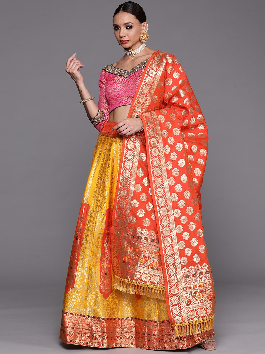 

Chhabra 555 Yellow & Red Beads and Stones Kalamkari Semi-Stitched Lehenga & Unstitched Blouse With Dupatta