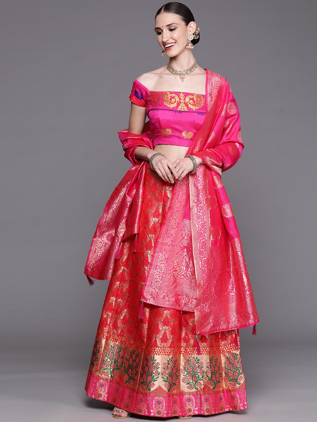 

Chhabra 555 Red & Fuchsia Beads and Stones Semi-Stitched Lehenga & Unstitched Blouse With Dupatta