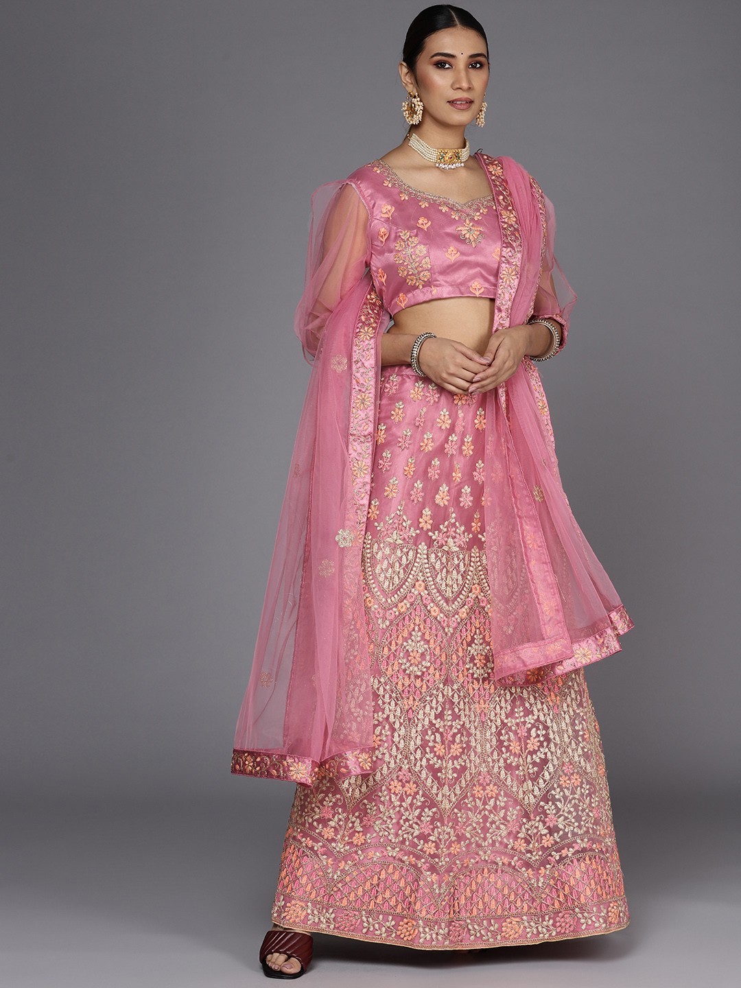 

Chhabra 555 Pink Embroidered Thread Work Semi-Stitched Lehenga & Unstitched Blouse With Dupatta