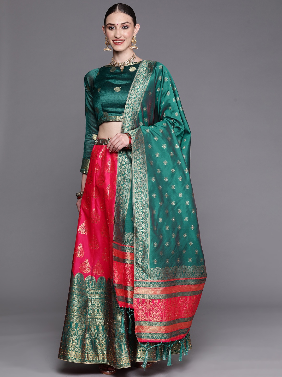 

Chhabra 555 Green & Fuchsia Beads and Stones Semi-Stitched Lehenga & Unstitched Blouse With Dupatta