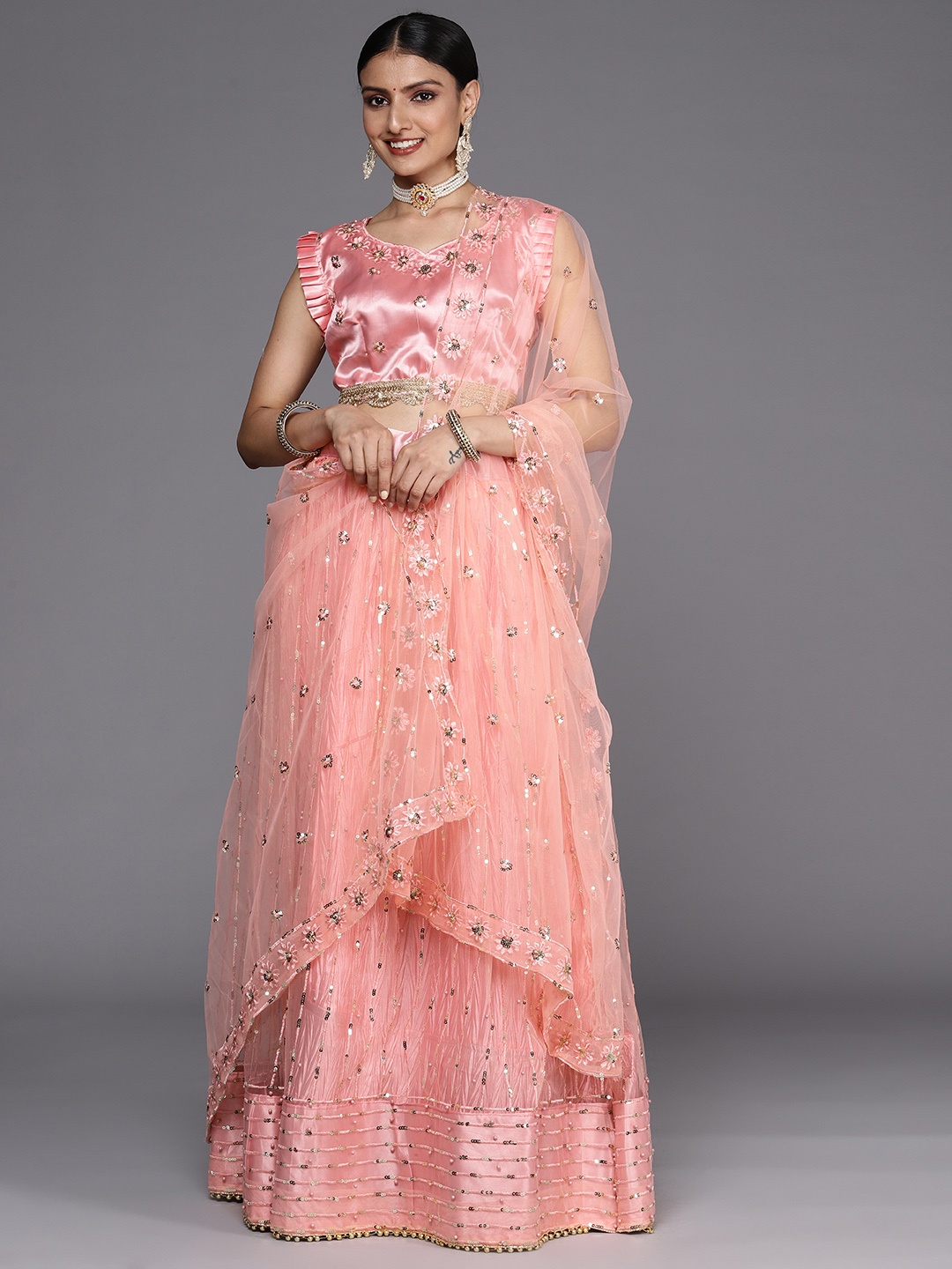 

Chhabra 555 Pink Sequinned Semi-Stitched Lehenga & Unstitched Blouse With Dupatta