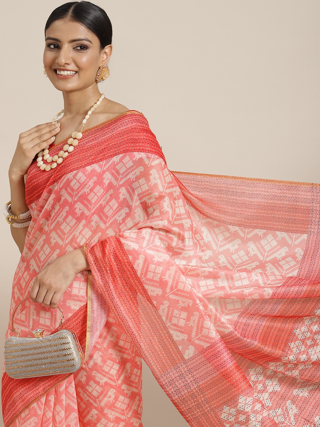 

Silk Land Ethnic Motifs Digital Print Saree, Pink