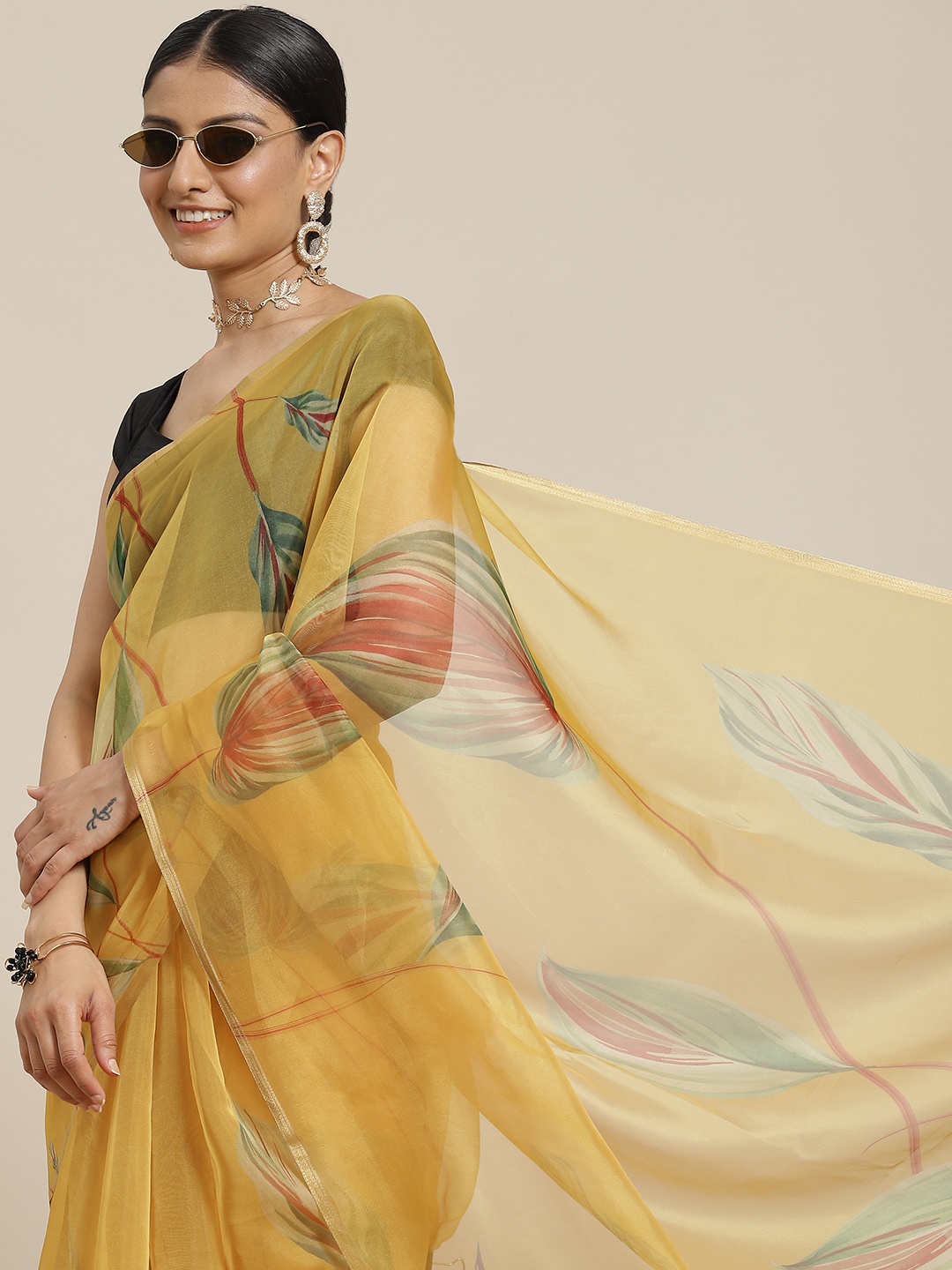

Silk Land Mustard & Green Floral Printed Organza Saree