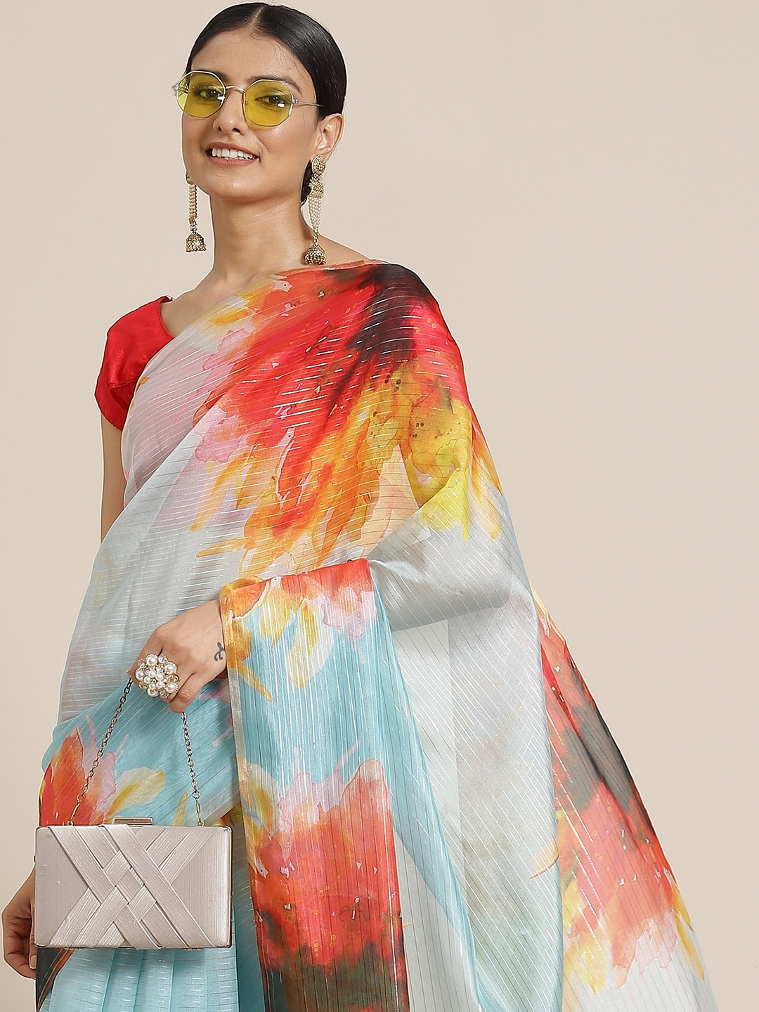 

Silk Land Blue & Red Floral Zari Art Silk Block Print Saree