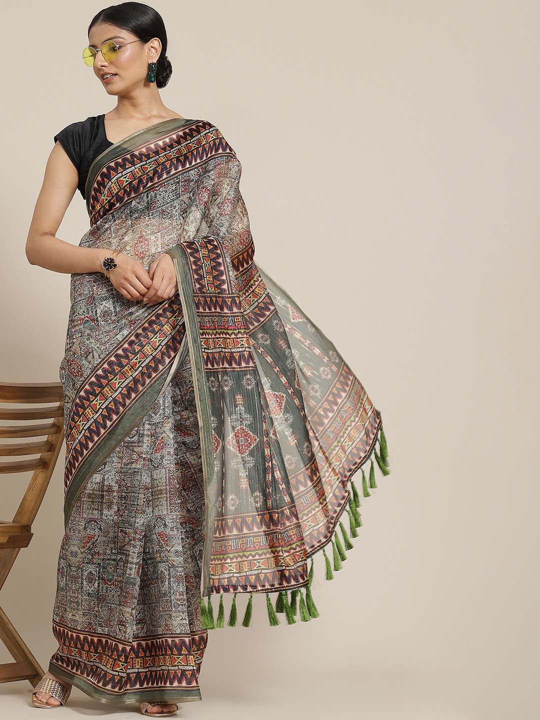 

Silk Land Green & Black Ethnic Motifs Zari Block Print Saree