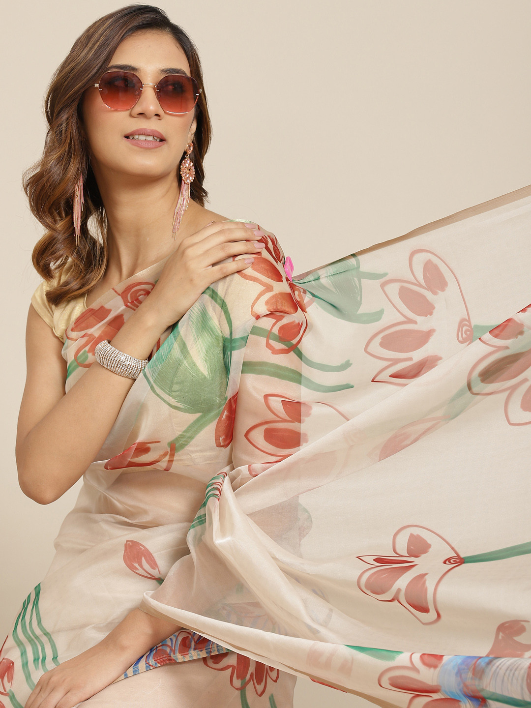 

Silk Land Beige & Red Floral Organza Saree