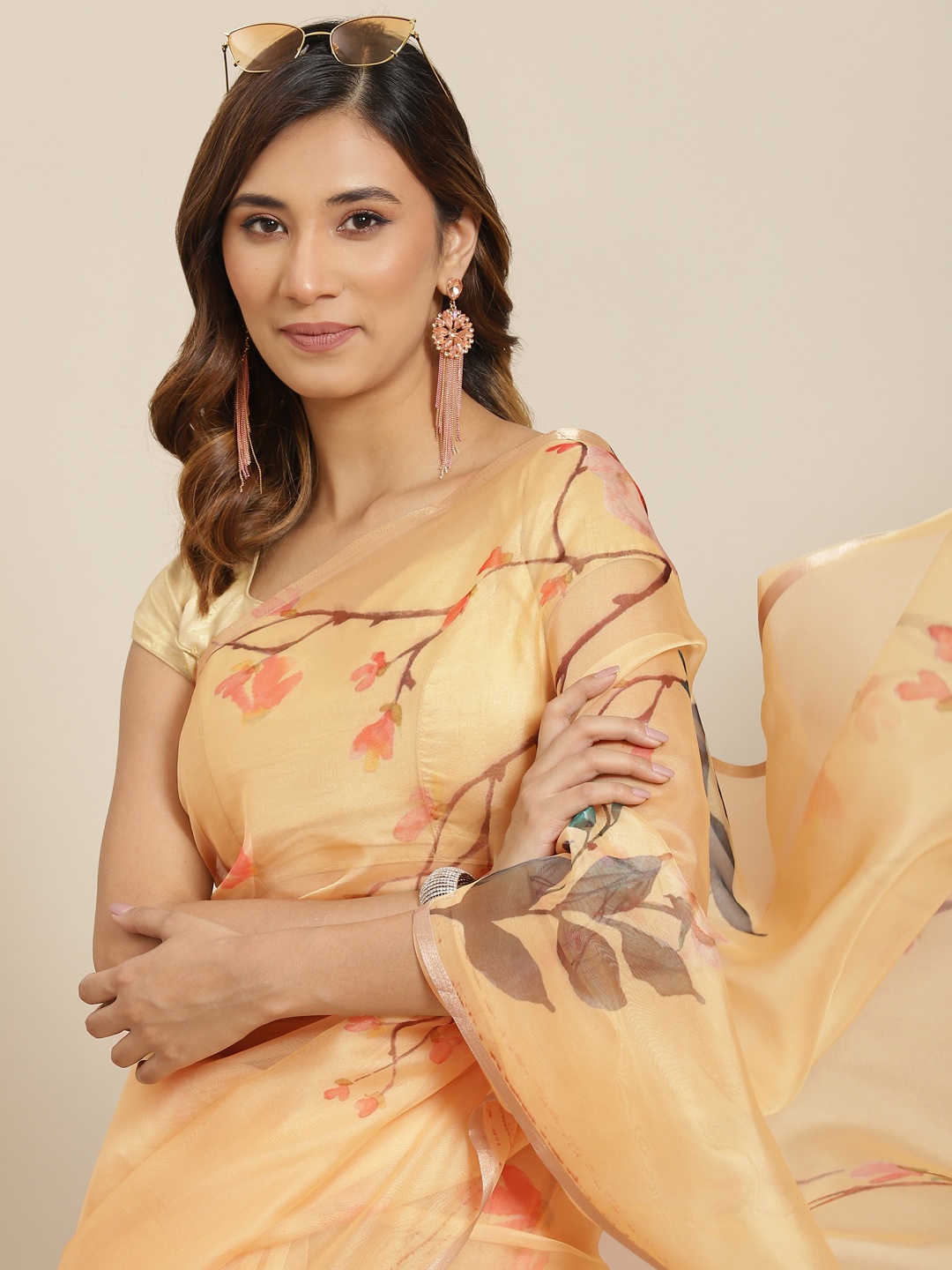 

Silk Land Peach-Coloured Floral Organza Saree
