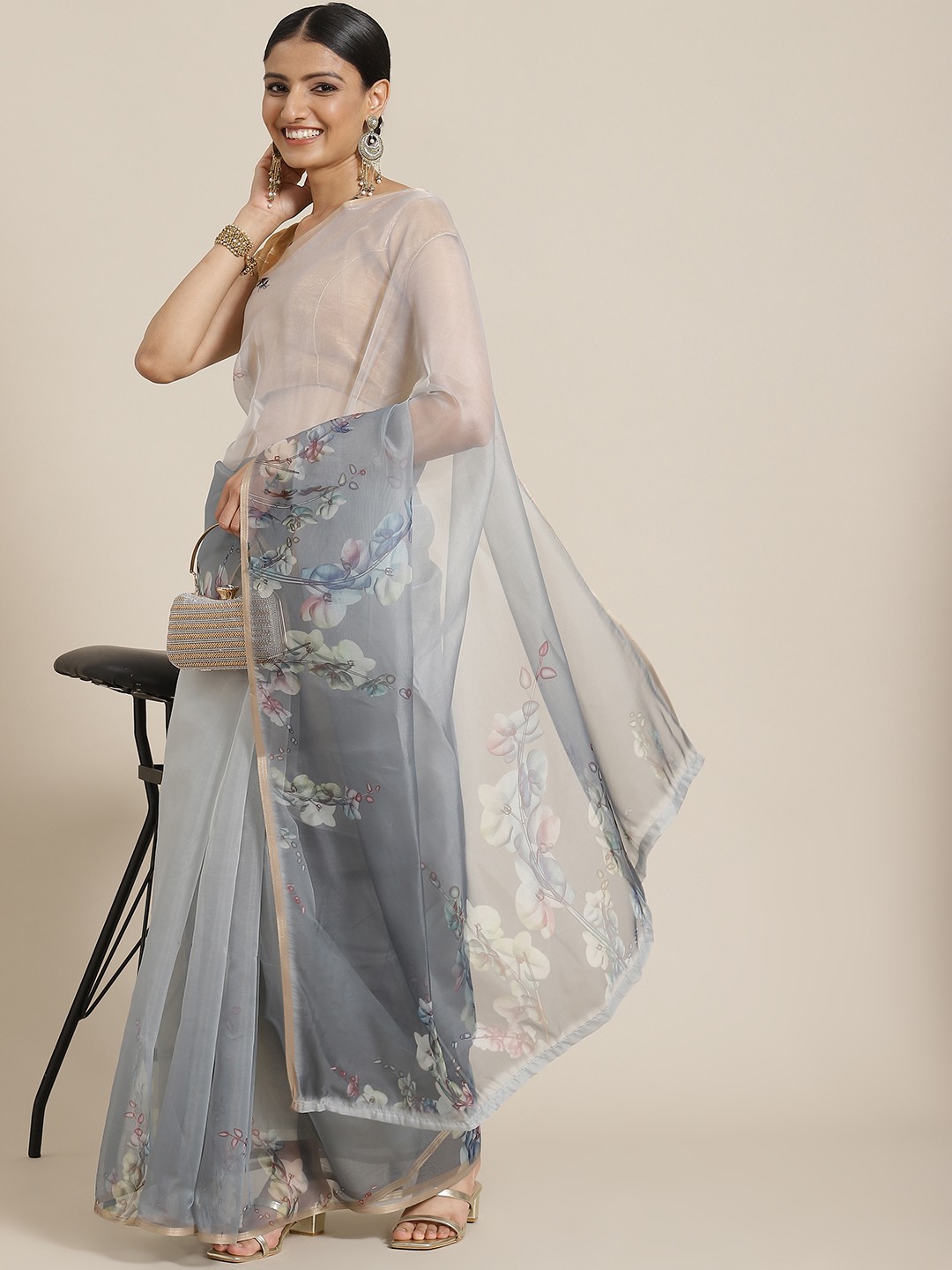 

Silk Land Grey Floral Organza Saree