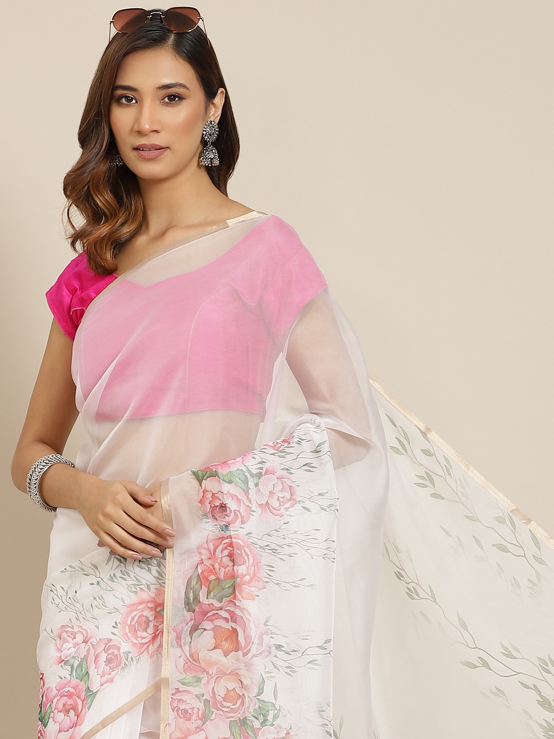 

Silk Land White & Pink Floral Printed Organza Saree