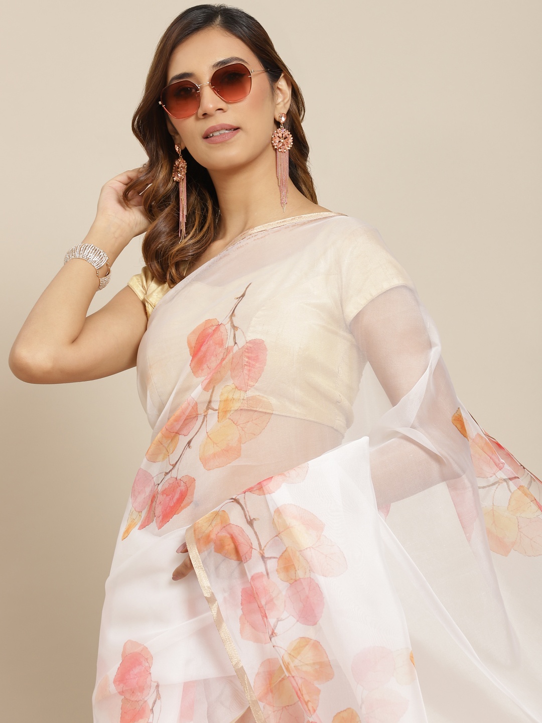 

Silk Land White & Pink Floral Organza Saree