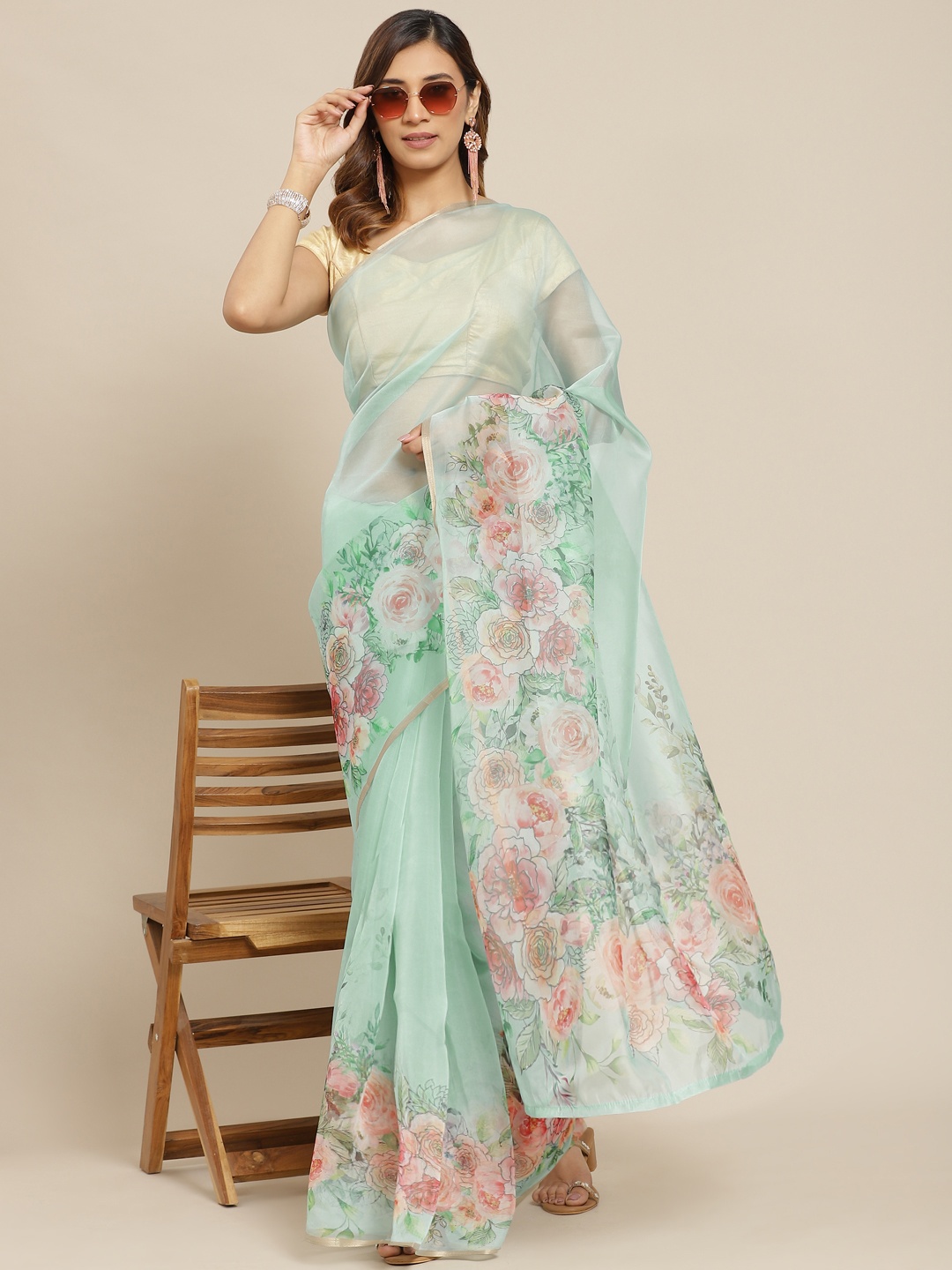 

Silk Land Green Floral Organza Saree