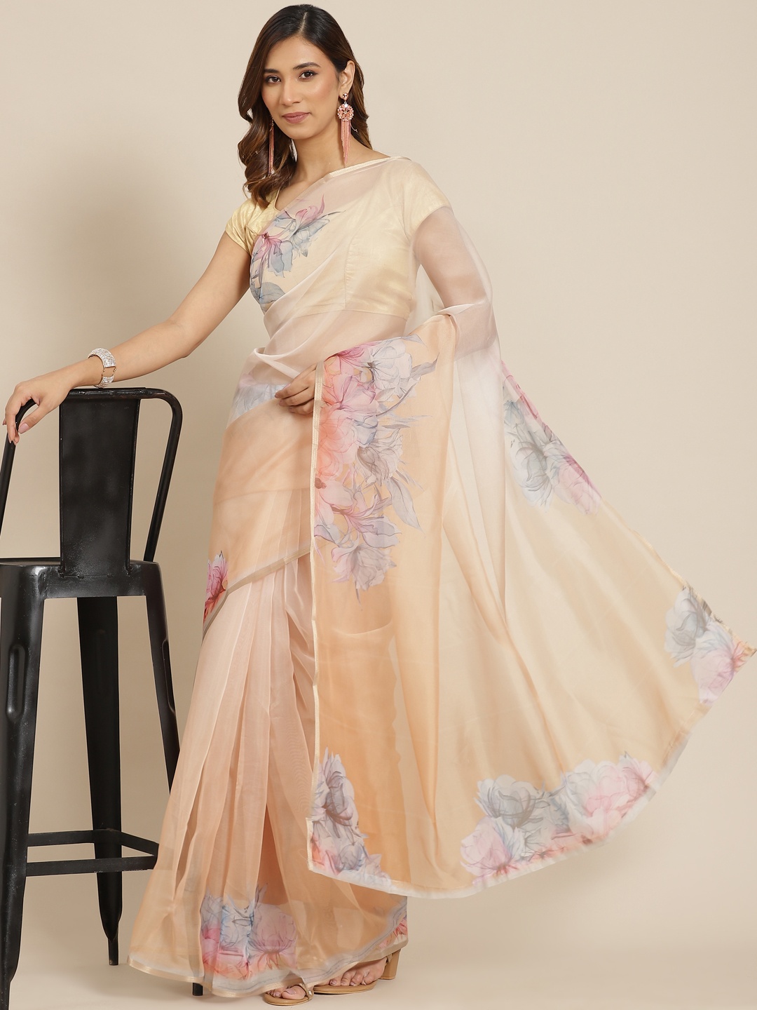 

Silk Land Beige & Blue Floral Organza Saree