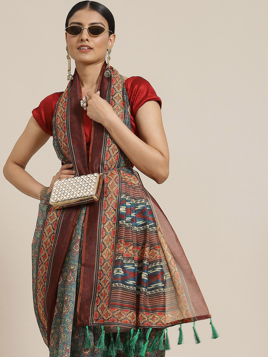 

Silk Land Kalamkari Block Print Digital Print Saree, Maroon