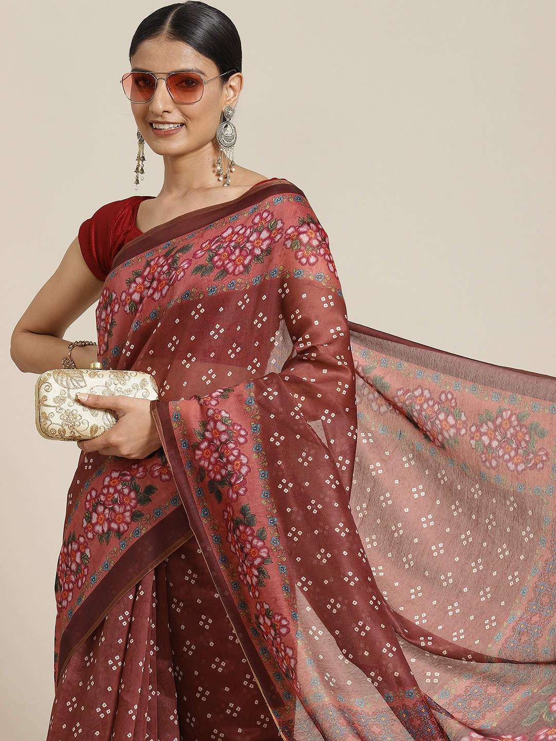 

Silk Land Ethnic Motifs Block Print Digital Print Saree, Rust
