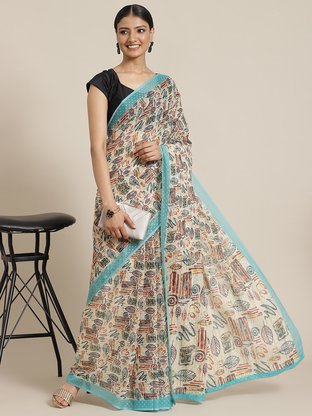 

Silk Land Beige & Blue Abstract Printed Chiffon Saree