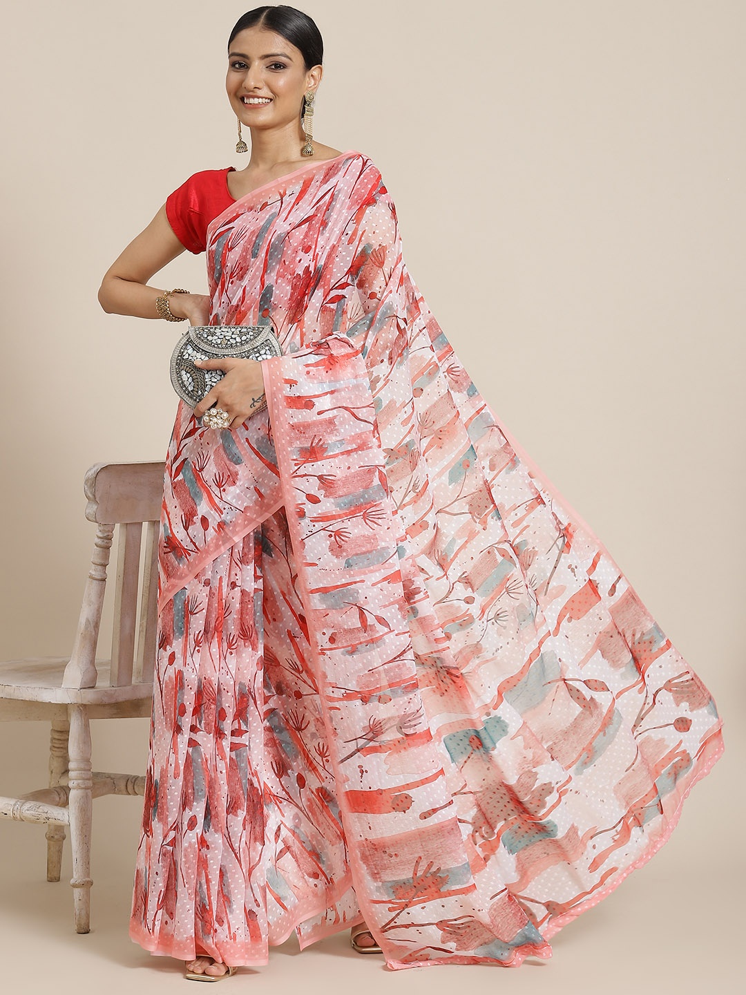 

Silk Land Off White & Red Floral Print Chiffon Saree