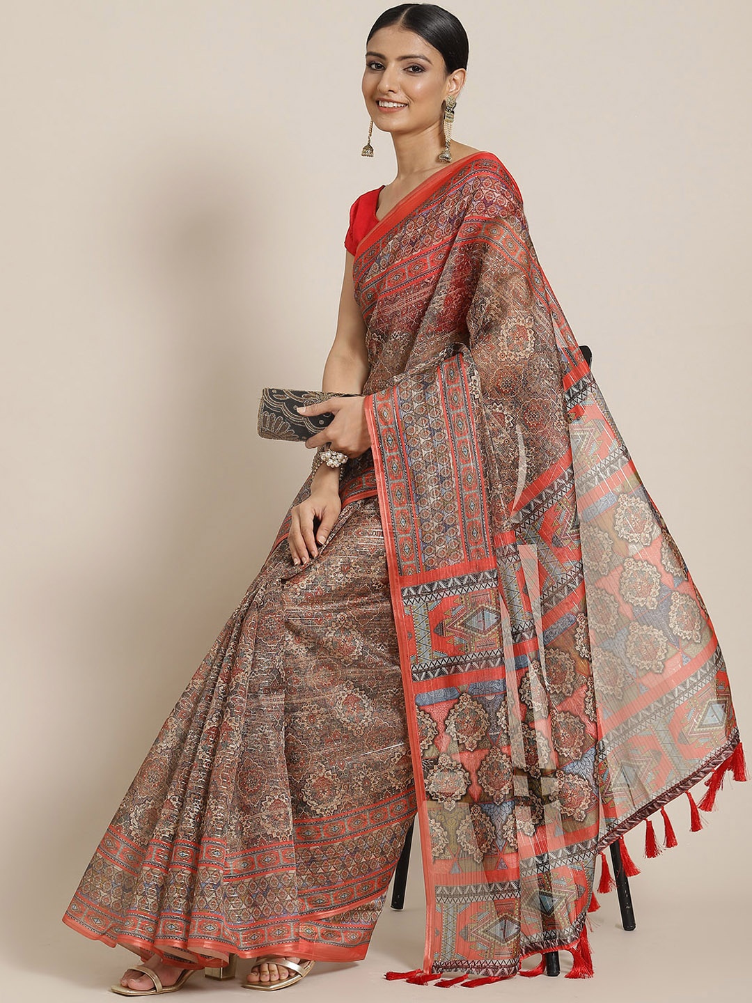 

Silk Land Red & Brown Ethnic Motifs Art Silk Block Print Saree