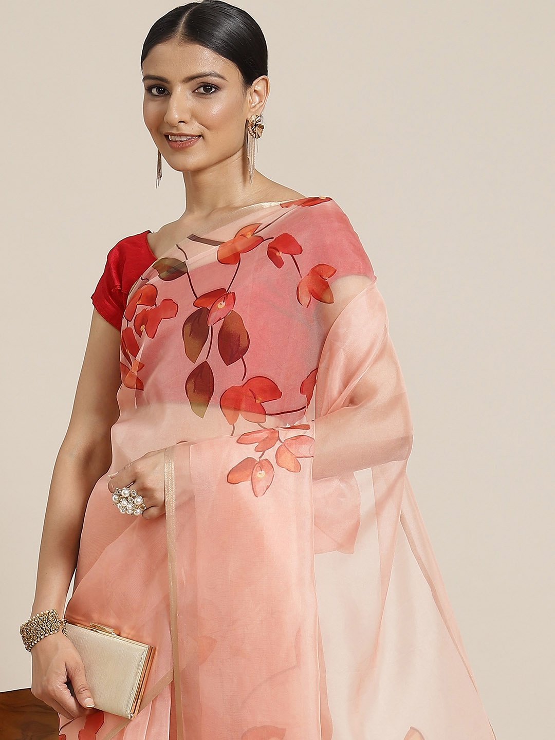 

Silk Land Peach-Coloured & Maroon Floral Printed Organza Saree