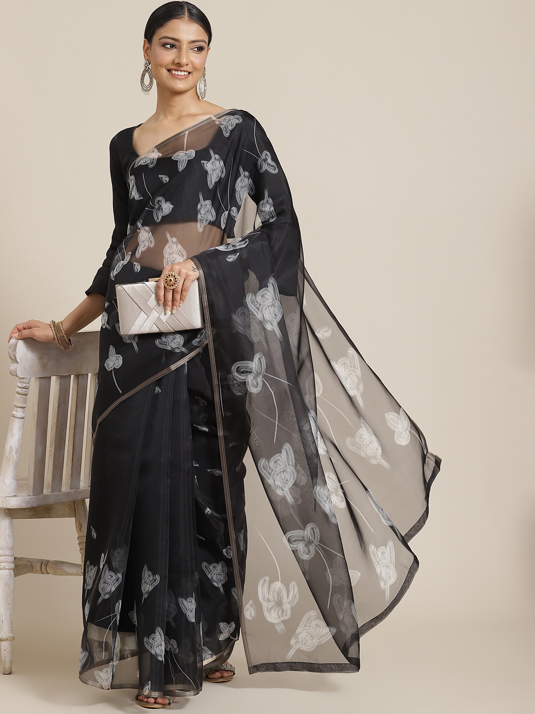 

Silk Land Black & White Floral Printed Organza Saree