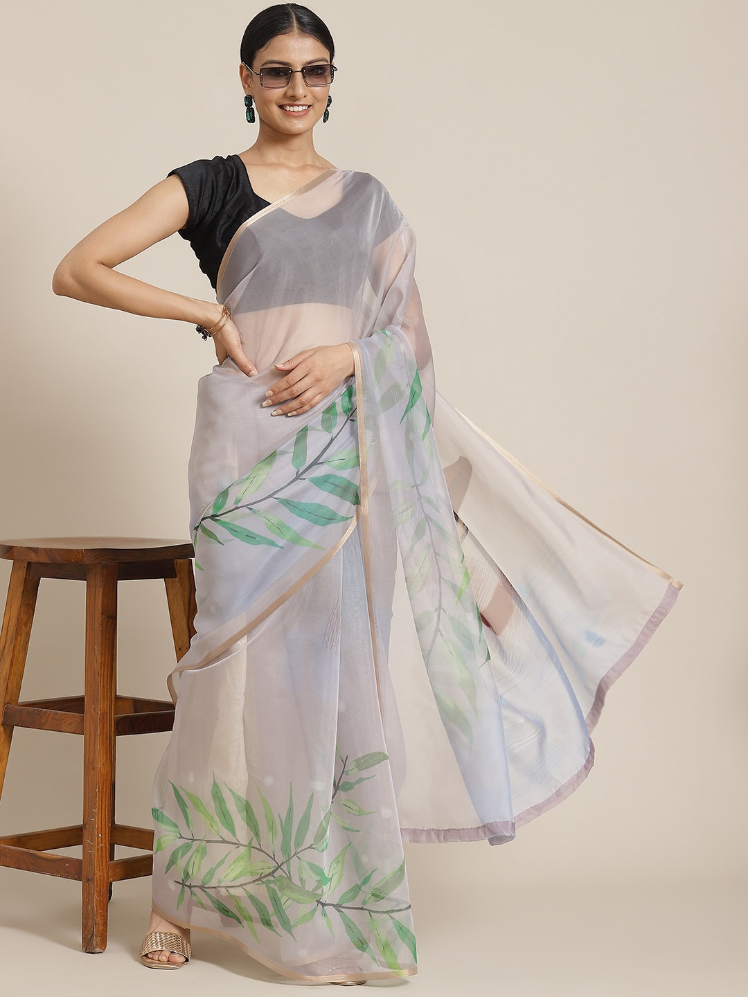 

Silk Land Blue & Green Floral Printed Organza Saree