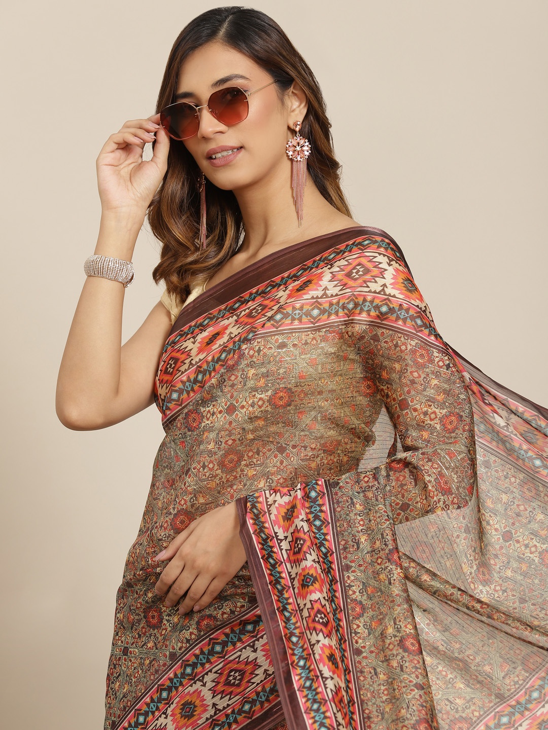 

Silk Land Brown Ethnic Motifs Zari Art Silk Block Print Saree
