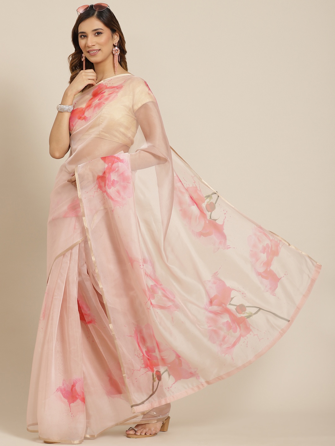 

Silk Land Pink Floral Organza Saree