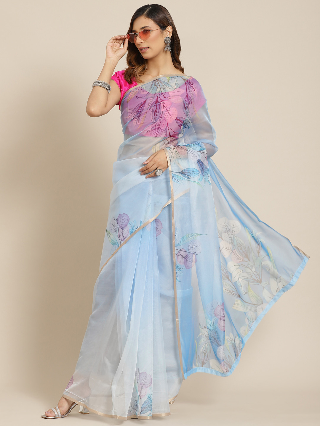 

Silk Land Blue & Purple Floral Printed Organza Saree