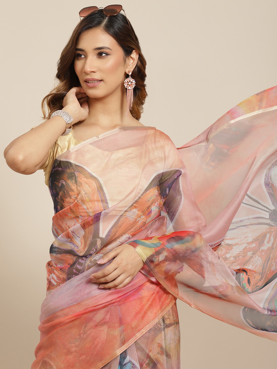 

Silk Land Peach-Coloured Floral Organza Saree