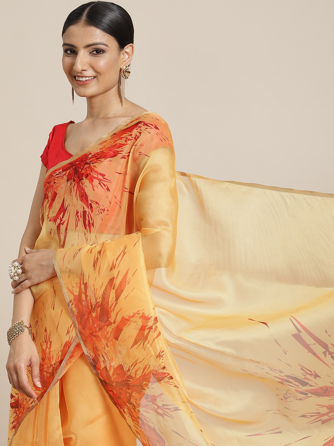 

Silk Land Orange Floral Printed Organza Saree