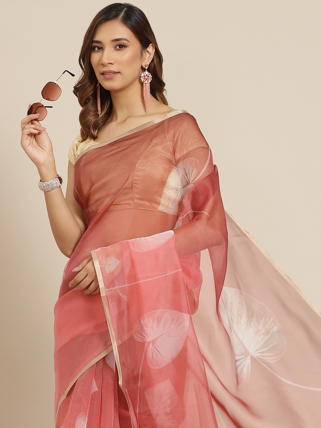 

Silk Land Pink & Off White Floral Organza Saree