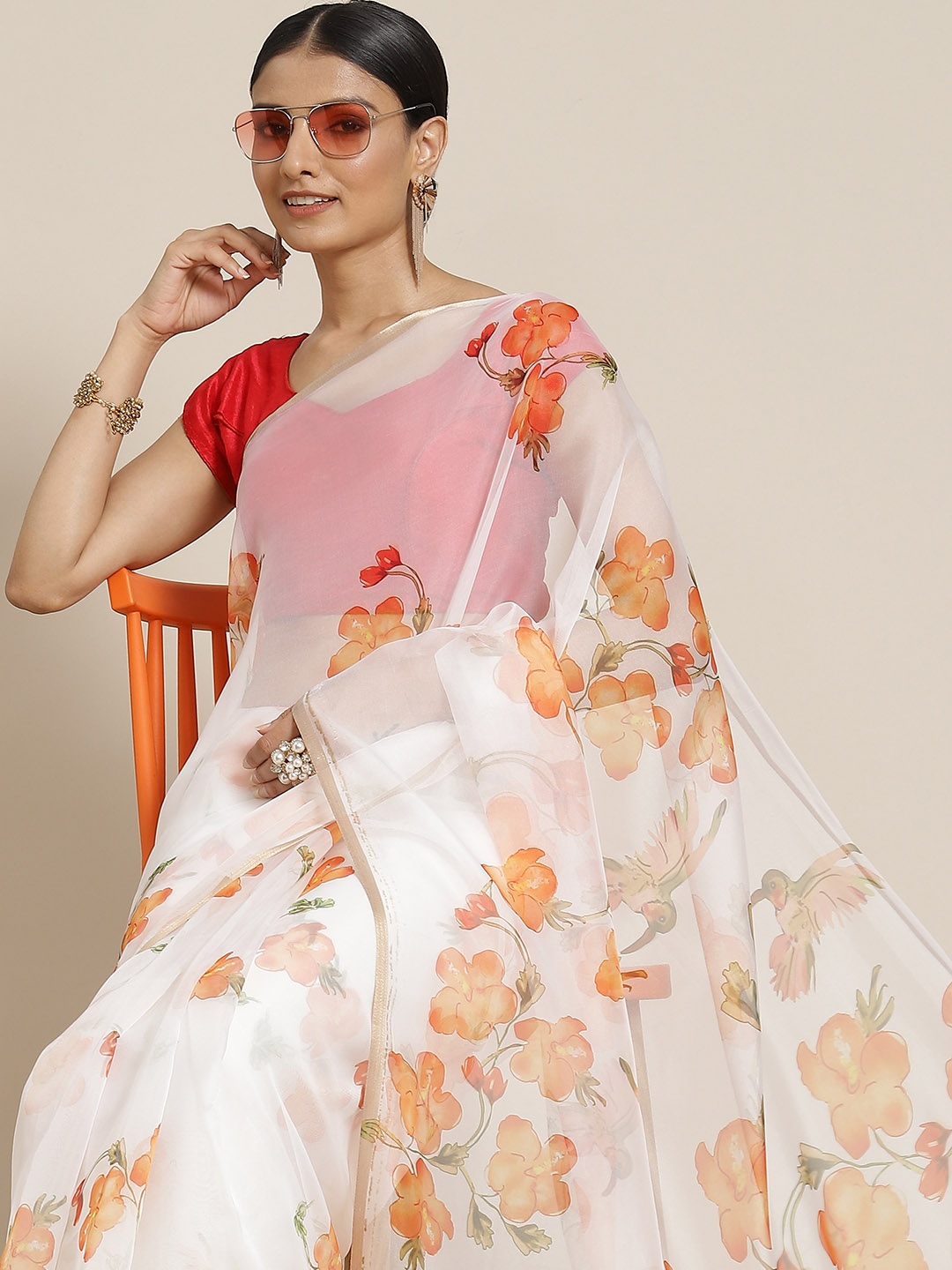 

Silk Land White & Orange Floral Printed Organza Saree