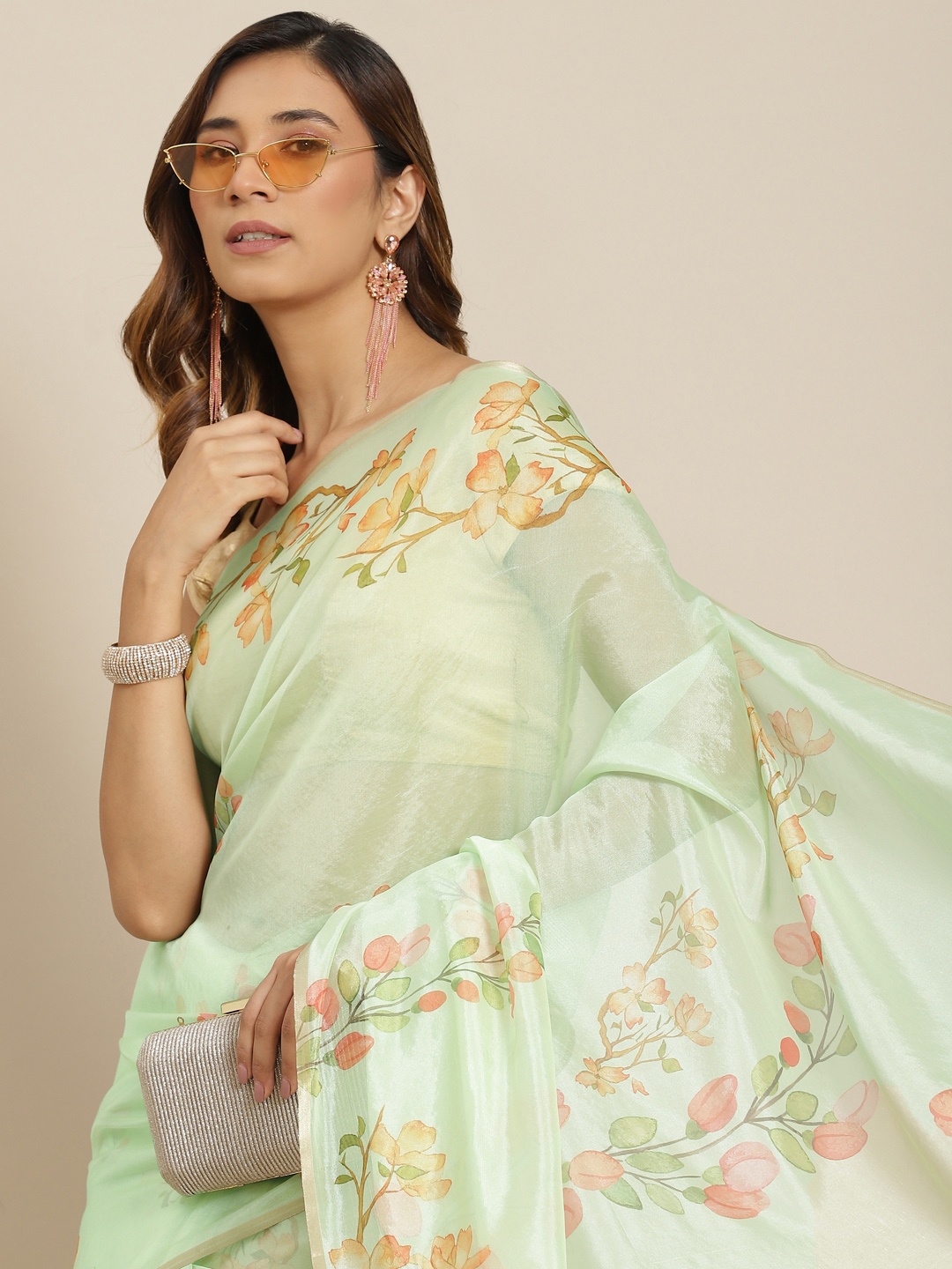 

Silk Land Green & Orange Floral Organza Saree