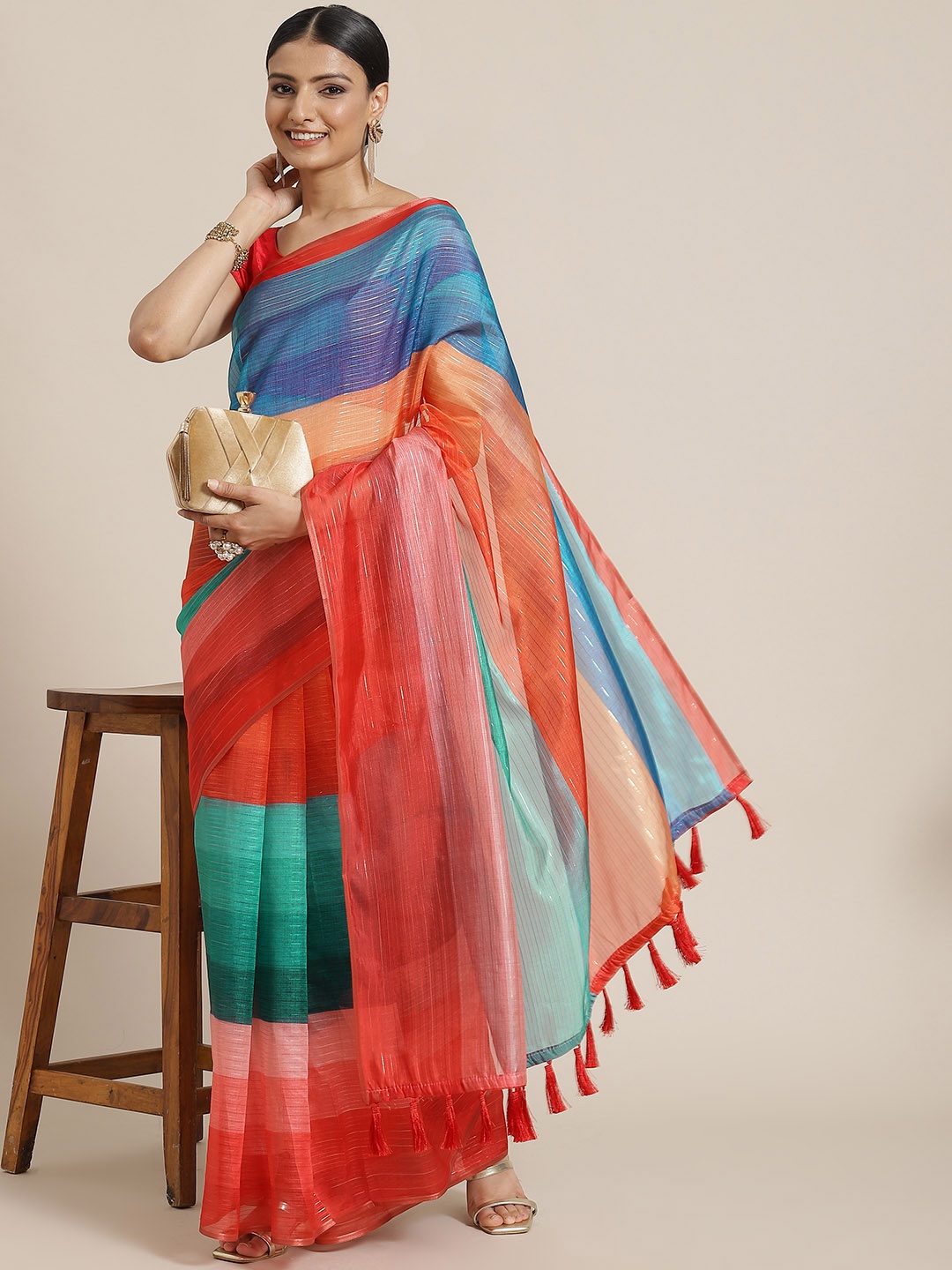 

Silk Land Red & Blue Colourblocked Zari Saree