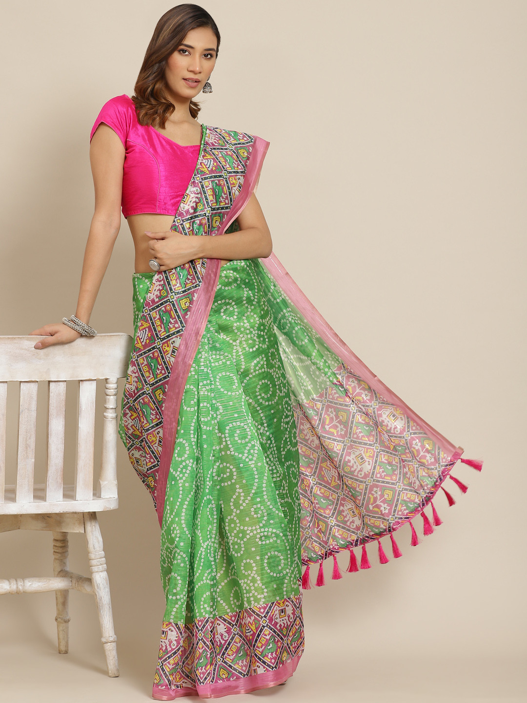 

Silk Land Green & Pink Bandhani Printed Zari Saree