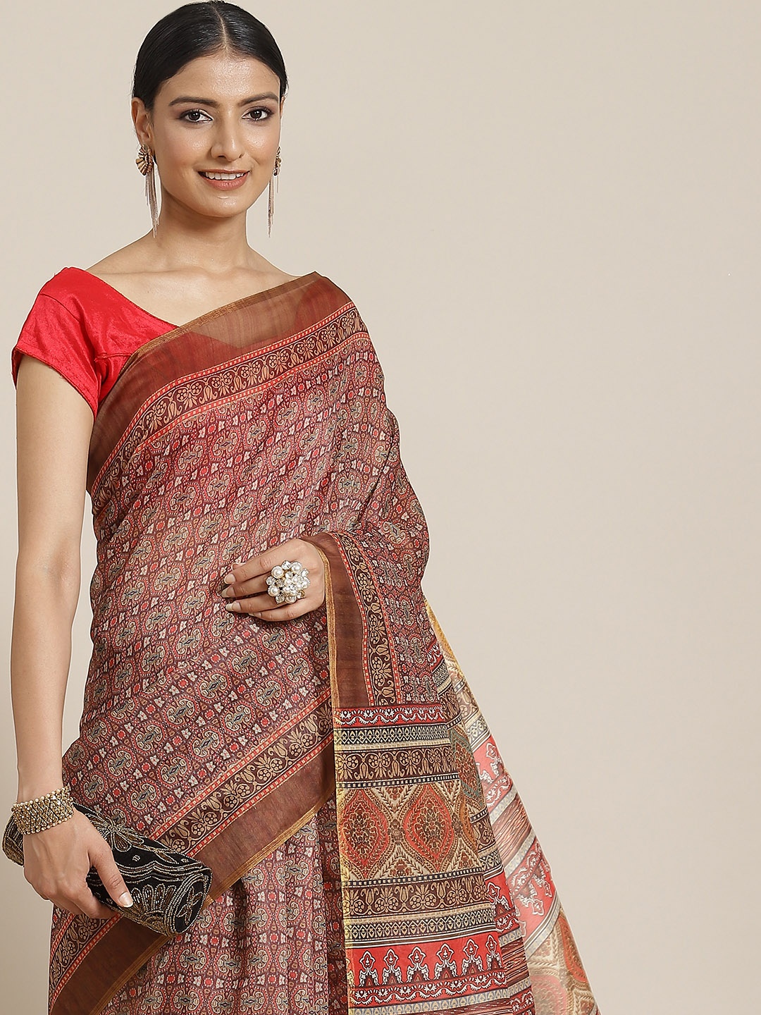 

Silk Land Kalamkari Cotton Blend Block Print Digital Print Saree, Maroon