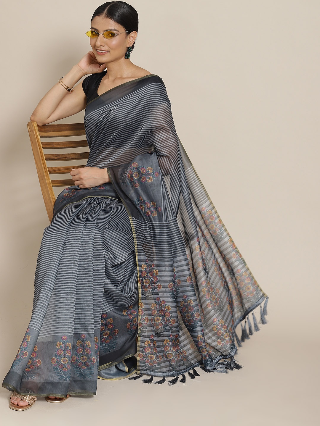 

Silk Land Black & Grey Striped Saree