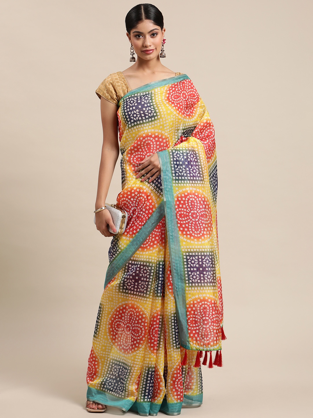 

Silk Land Yellow & Teal Bandhani Zari Art Blend Bandhani Saree